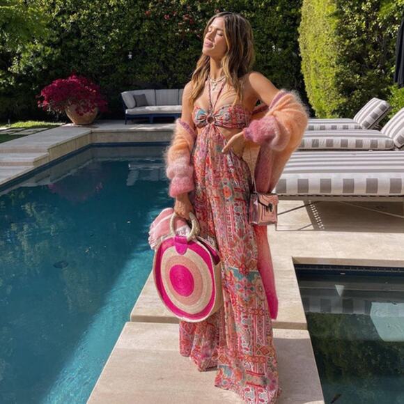 MISA Los Angeles Lorenzo Tile Print Chiffon Wide Leg Halter Jumpsuit NWT L $525 - Picture 1 of 8